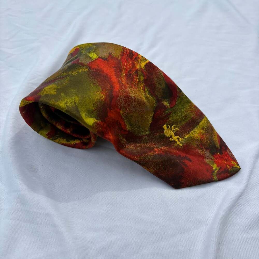 Schiaparelli Vintage Abstract Watercolor Print All Silk Necktie Red Green Gold